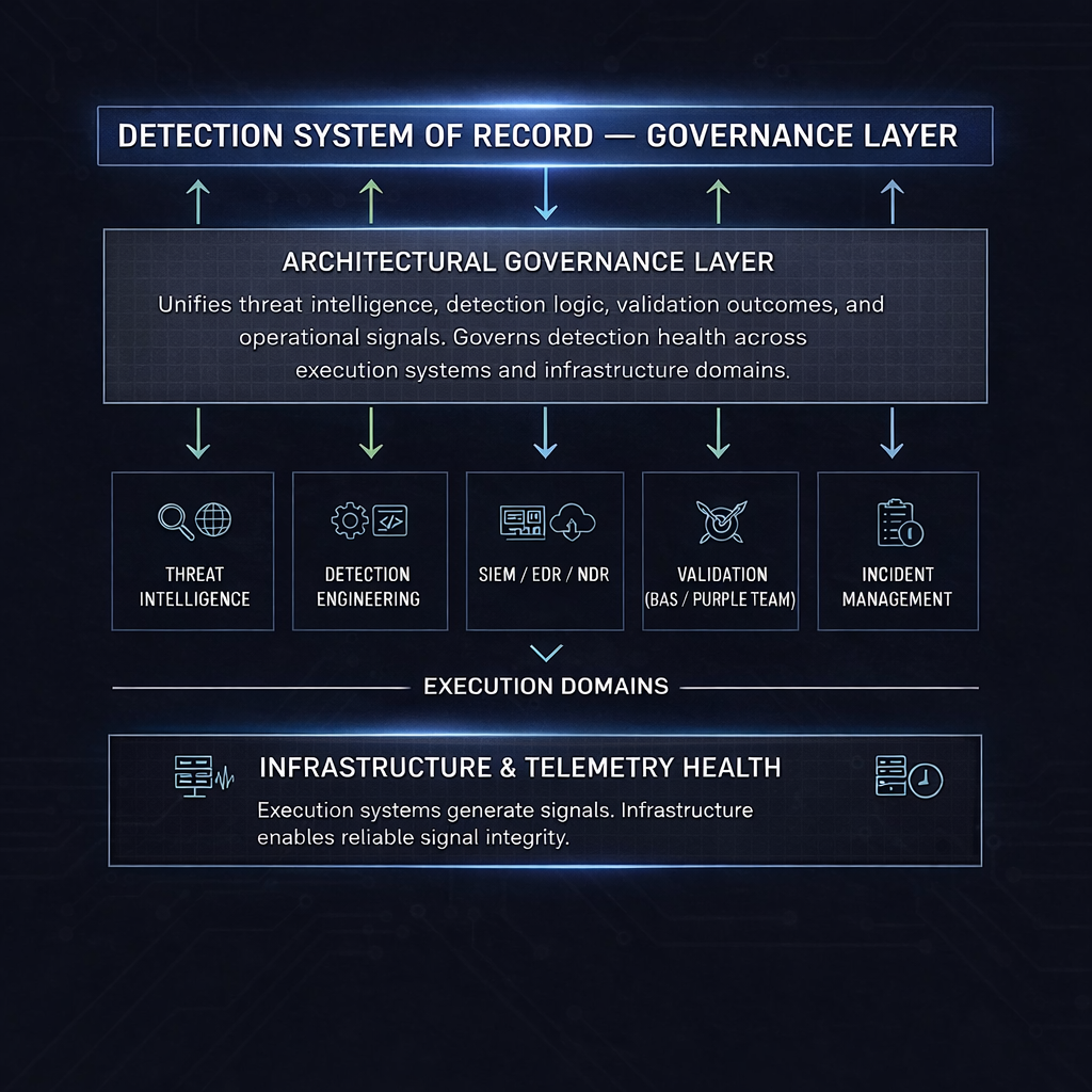 Detection System of Record architecture: Governance Layer above Architectural Governance Layer, Execution Domains (Threat Intelligence, Detection Engineering, SIEM/EDR/NDR, Validation, Incident Management), and Infrastructure & Telemetry Health foundation.