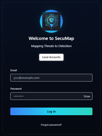 SecuMap demo login screen: Welcome to SecuMap, email and password fields, and Log in button