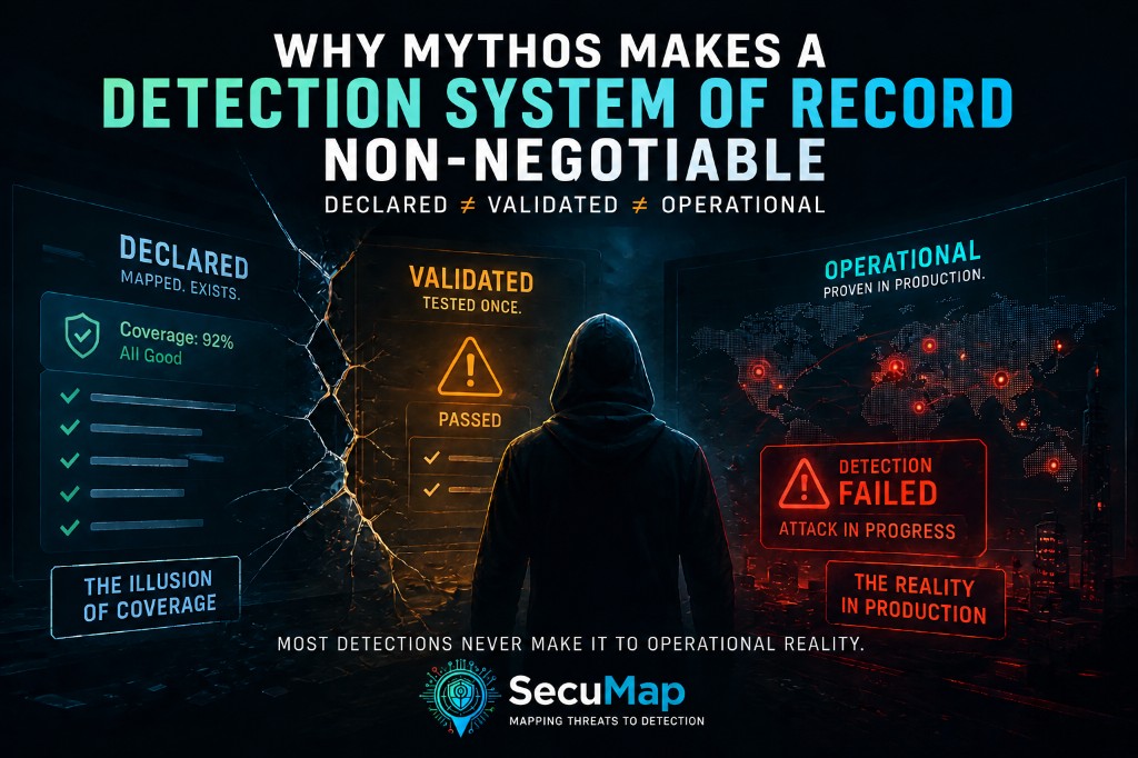 Infographic: three screens from declared green &ldquo;coverage&rdquo; on a cracked display, through validated orange testing, to operational red production map with detection failed. Headline: why Mythos makes a Detection System of Record non-negotiable; subhead declared is not validated is not operational. SecuMap.