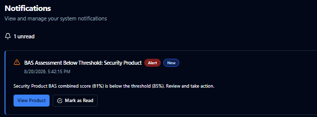 Product screenshot of SecuMap: notification that a security product BAS assessment has fallen below the agreed threshold.