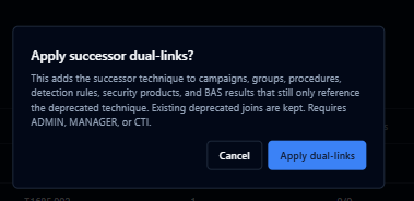 Product screenshot of SecuMap: confirmation dialog to apply successor dual-links after an ATT&CK sync.
